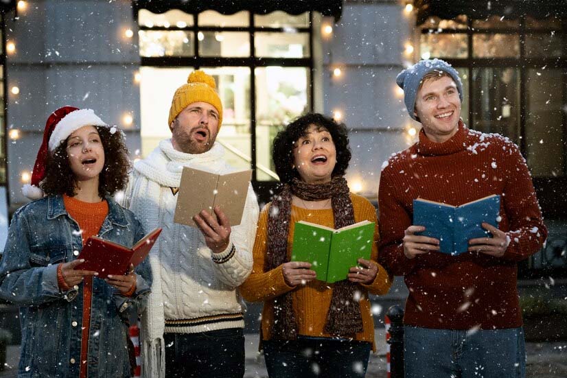Quatre personnes chantant chants de Noël sous la neige. Activités de Noël