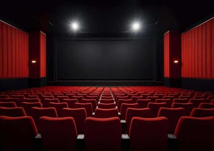 Vue salle de cinema 3D de couleur rouge vide.
